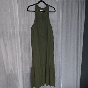 t Olive Green Sleeveless Dress With Drawstring Waist And Pockets